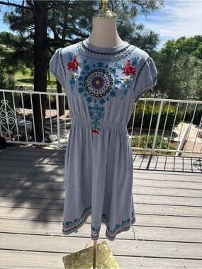 Double D Ranch Light Blue Embroidered Floral Midi Dress